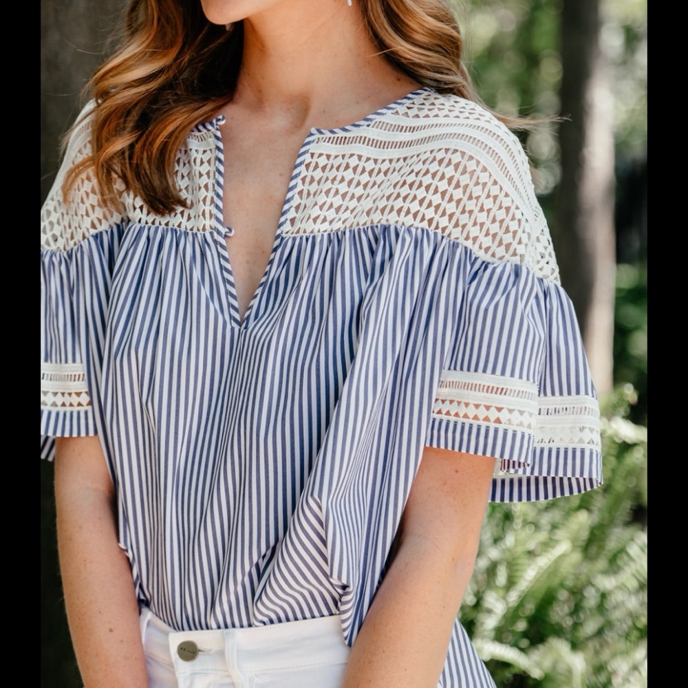 EUC Scotch & Soda Striped & Crochet Yoke Split Collar Flutter Sleeve Top, L